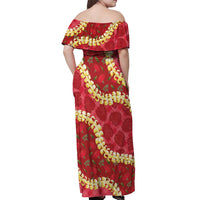 Red Palaka Hawaii Mele Kalikimaka Off Shoulder Maxi Dress Ohia Lehua Monstera Puakenikeni Lei LT14 - Polynesian Pride