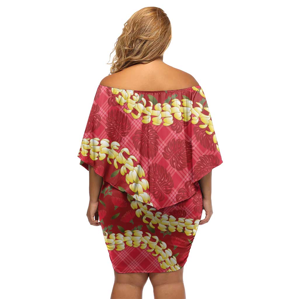 Red Palaka Hawaii Mele Kalikimaka Off Shoulder Short Dress Ohia Lehua Monstera Puakenikeni Lei LT14 - Polynesian Pride