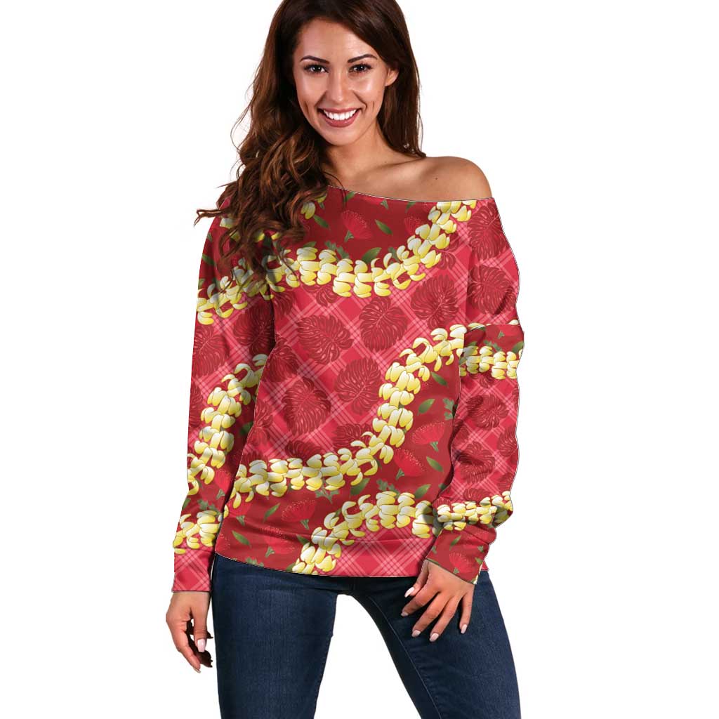 Red Palaka Hawaii Mele Kalikimaka Off Shoulder Sweater Ohia Lehua Monstera Puakenikeni Lei LT14 Women Red - Polynesian Pride
