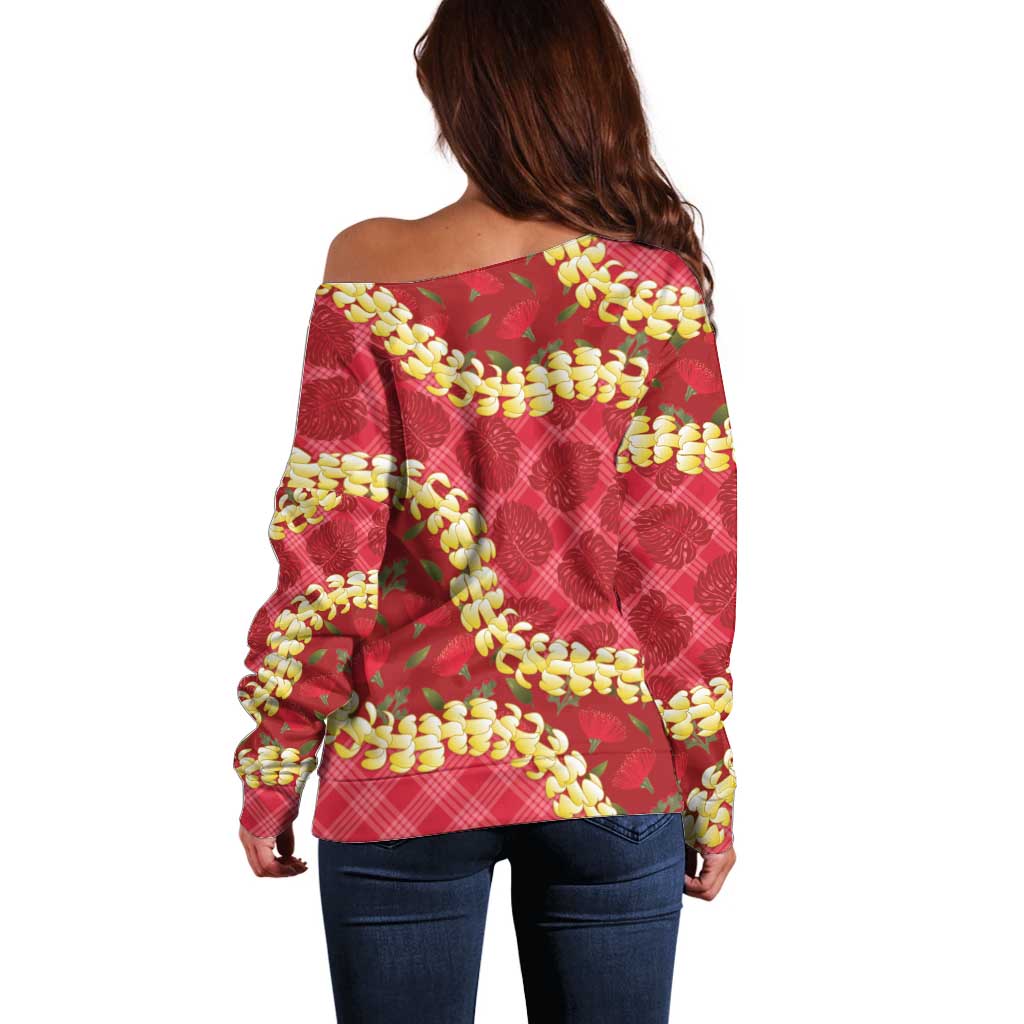 Red Palaka Hawaii Mele Kalikimaka Off Shoulder Sweater Ohia Lehua Monstera Puakenikeni Lei LT14 - Polynesian Pride