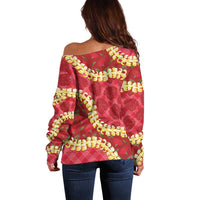 Red Palaka Hawaii Mele Kalikimaka Off Shoulder Sweater Ohia Lehua Monstera Puakenikeni Lei LT14 - Polynesian Pride