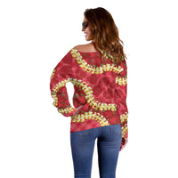 Red Palaka Hawaii Mele Kalikimaka Off Shoulder Sweater Ohia Lehua Monstera Puakenikeni Lei LT14 - Polynesian Pride