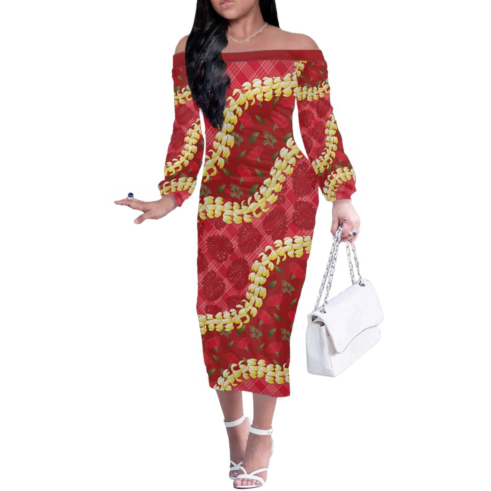 Red Palaka Hawaii Mele Kalikimaka Off The Shoulder Long Sleeve Dress Ohia Lehua Monstera Puakenikeni Lei - Polynesian Pride