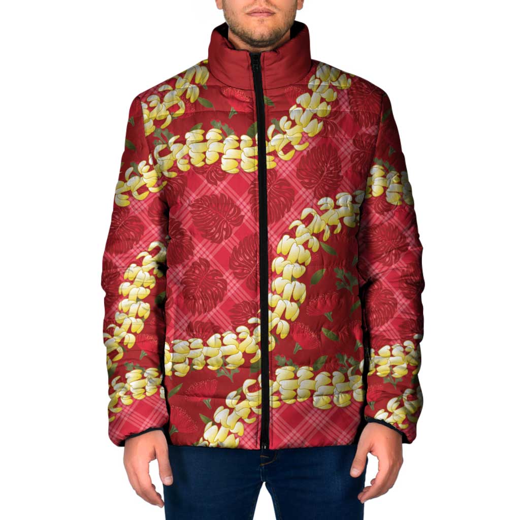Red Palaka Hawaii Mele Kalikimaka Padded Jacket Ohia Lehua Monstera Puakenikeni Lei LT14 Men Red - Polynesian Pride