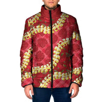 Red Palaka Hawaii Mele Kalikimaka Padded Jacket Ohia Lehua Monstera Puakenikeni Lei LT14 Men Red - Polynesian Pride