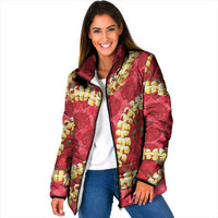 Red Palaka Hawaii Mele Kalikimaka Padded Jacket Ohia Lehua Monstera Puakenikeni Lei LT14 Women Red - Polynesian Pride