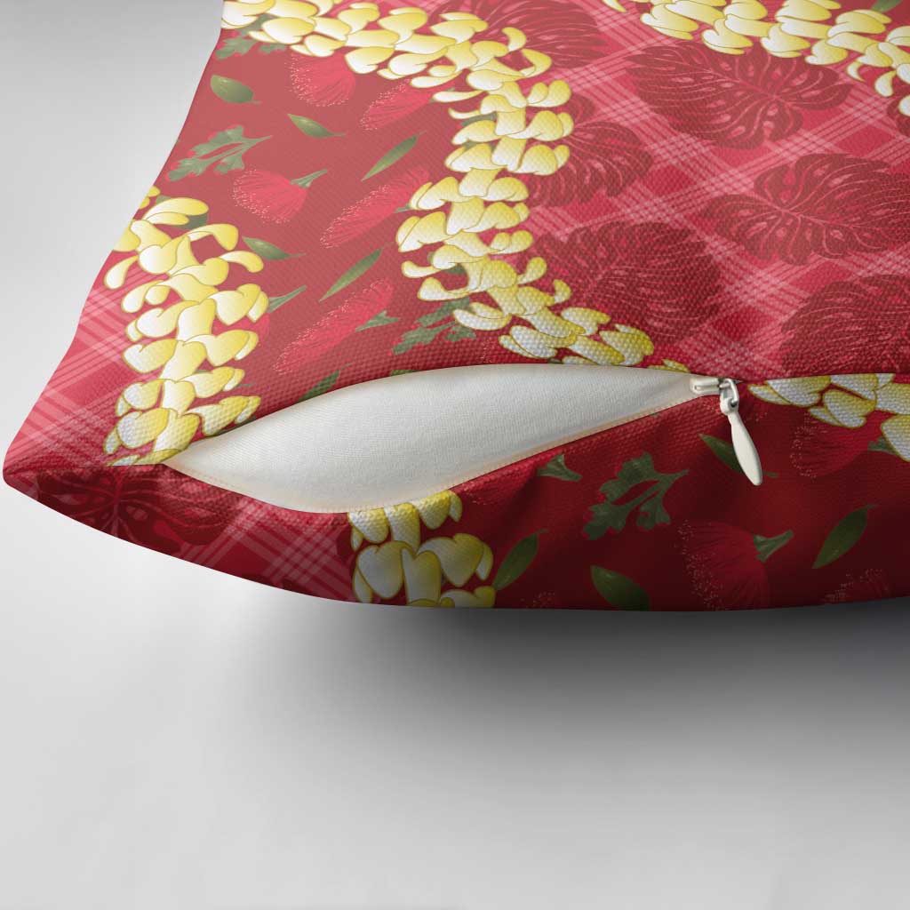 Red Palaka Hawaii Mele Kalikimaka Pillow Cover Ohia Lehua Monstera Puakenikeni Lei LT14 - Polynesian Pride