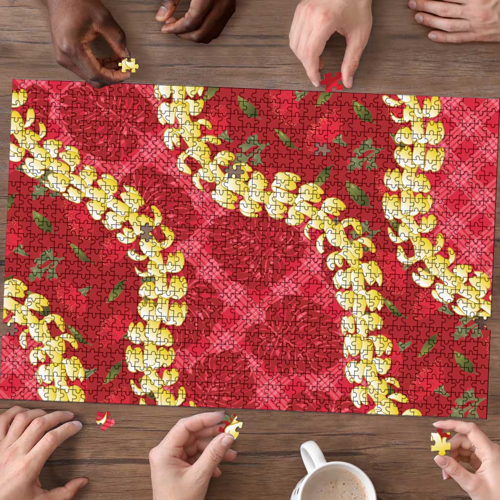 Red Palaka Hawaii Mele Kalikimaka Puzzle Ohia Lehua Monstera Puakenikeni Lei LT14 - Polynesian Pride