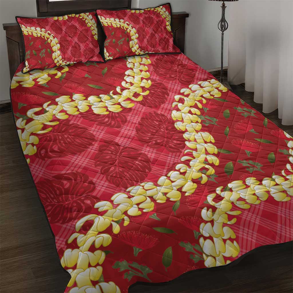 Red Palaka Hawaii Mele Kalikimaka Quilt Bed Set Ohia Lehua Monstera Puakenikeni Lei LT14 Red - Polynesian Pride