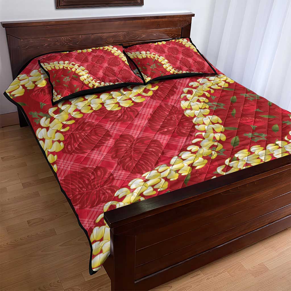 Red Palaka Hawaii Mele Kalikimaka Quilt Bed Set Ohia Lehua Monstera Puakenikeni Lei LT14 - Polynesian Pride