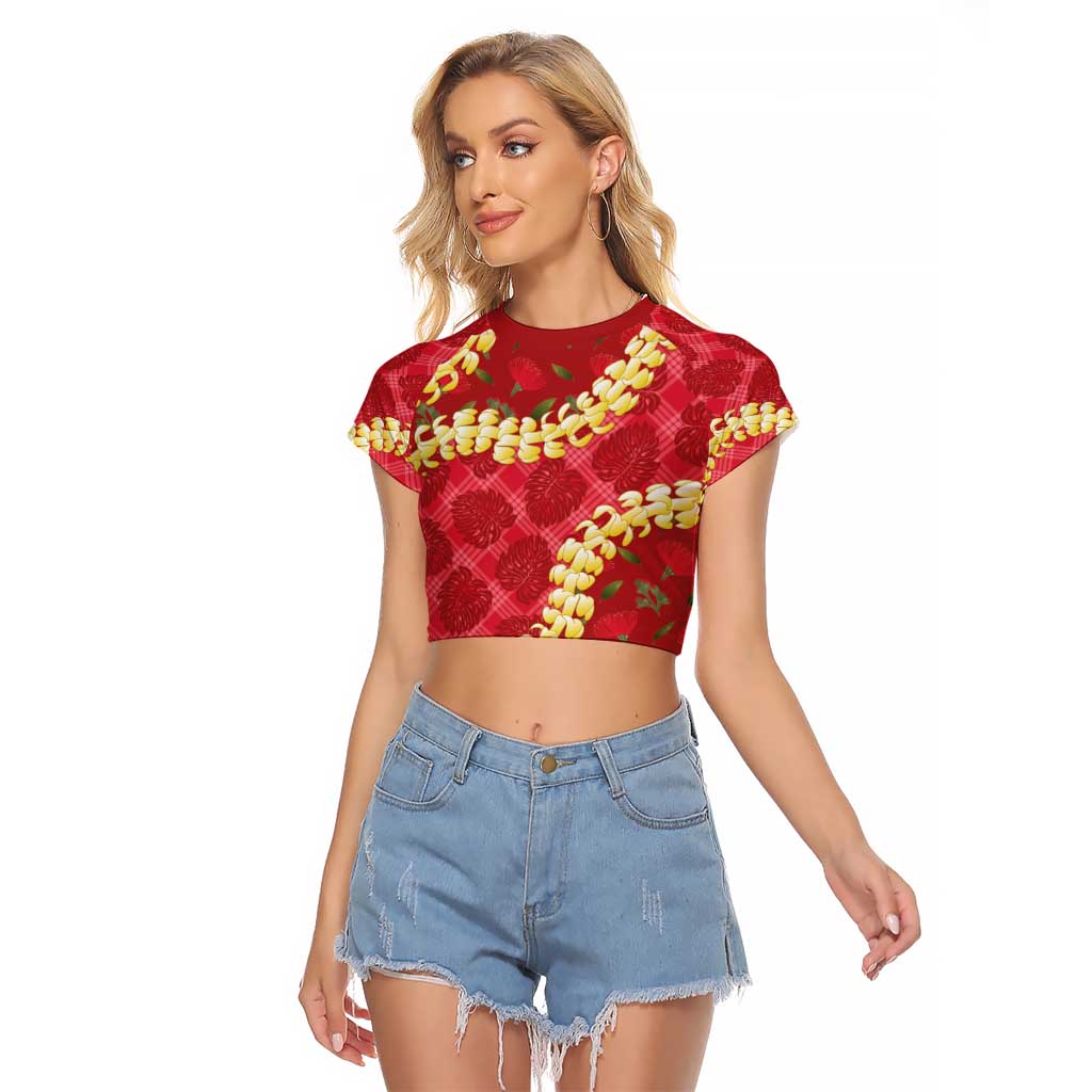 Red Palaka Hawaii Mele Kalikimaka Raglan Cropped T Shirt Ohia Lehua Monstera Puakenikeni Lei LT14 Female Red - Polynesian Pride