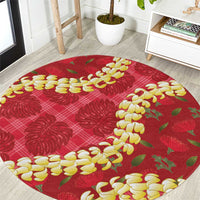 Red Palaka Hawaii Mele Kalikimaka Round Carpet Ohia Lehua Monstera Puakenikeni Lei LT14 Red - Polynesian Pride