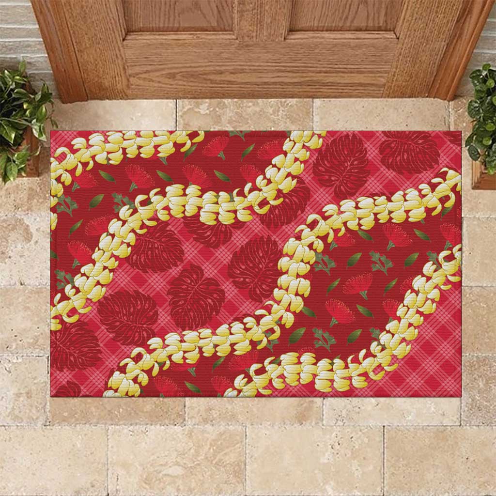 Red Palaka Hawaii Mele Kalikimaka Rubber Doormat Ohia Lehua Monstera Puakenikeni Lei LT14 Red - Polynesian Pride