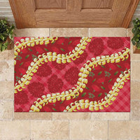 Red Palaka Hawaii Mele Kalikimaka Rubber Doormat Ohia Lehua Monstera Puakenikeni Lei LT14 Red - Polynesian Pride