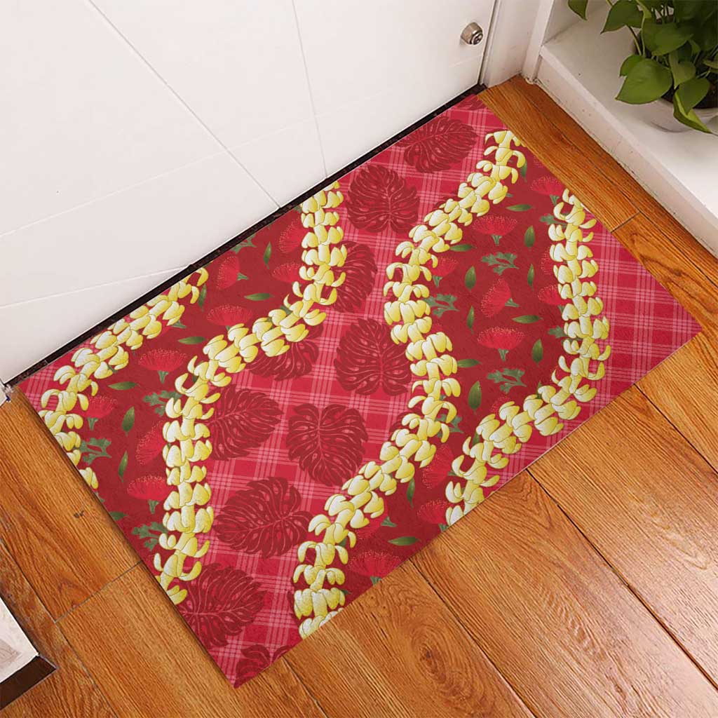 Red Palaka Hawaii Mele Kalikimaka Rubber Doormat Ohia Lehua Monstera Puakenikeni Lei LT14 - Polynesian Pride