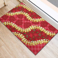 Red Palaka Hawaii Mele Kalikimaka Rubber Doormat Ohia Lehua Monstera Puakenikeni Lei LT14 - Polynesian Pride