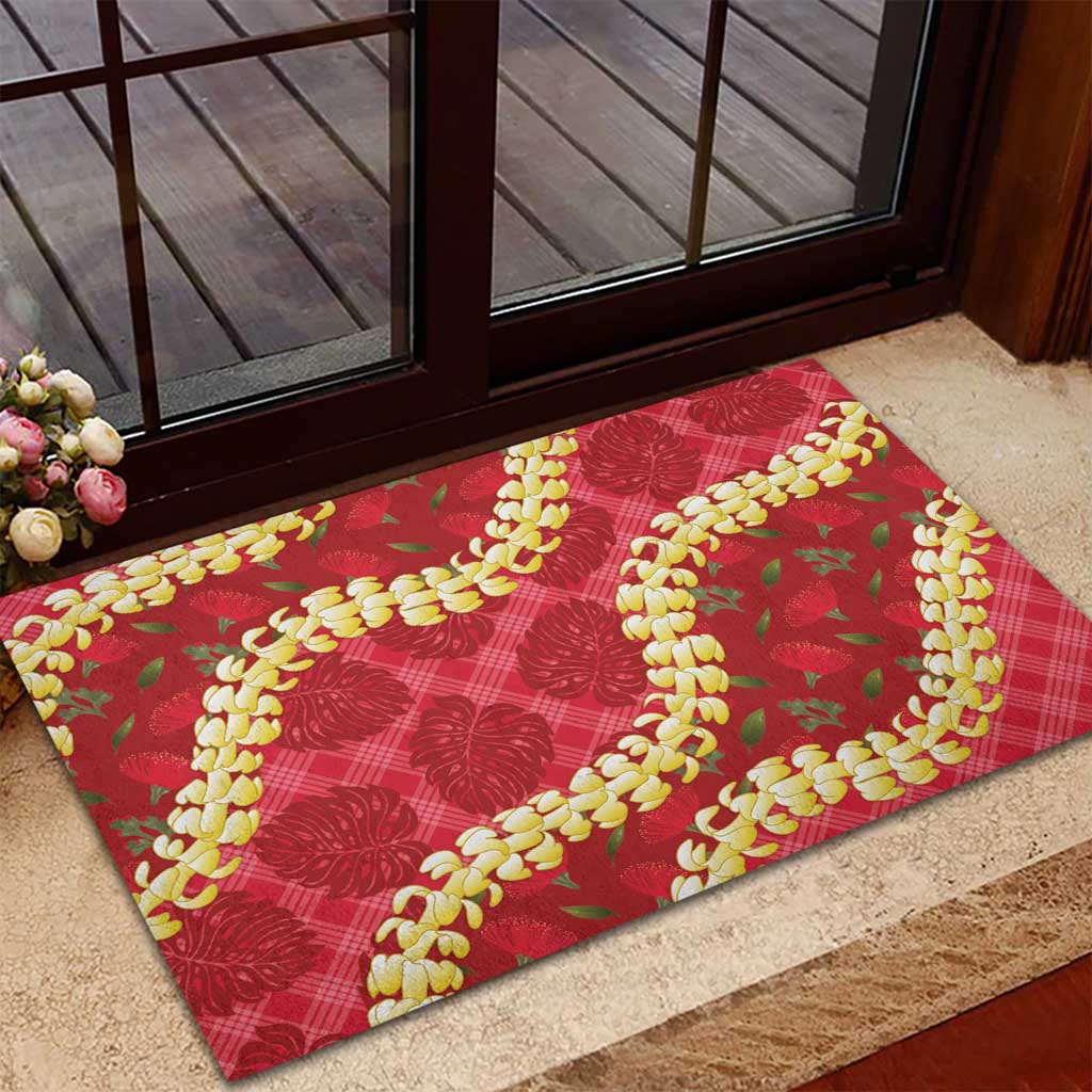 Red Palaka Hawaii Mele Kalikimaka Rubber Doormat Ohia Lehua Monstera Puakenikeni Lei LT14 - Polynesian Pride