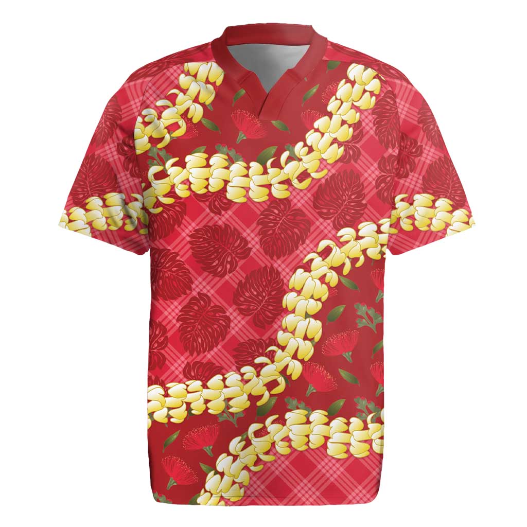 Red Palaka Hawaii Mele Kalikimaka Rugby Jersey Ohia Lehua Monstera Puakenikeni Lei LT14 Red - Polynesian Pride