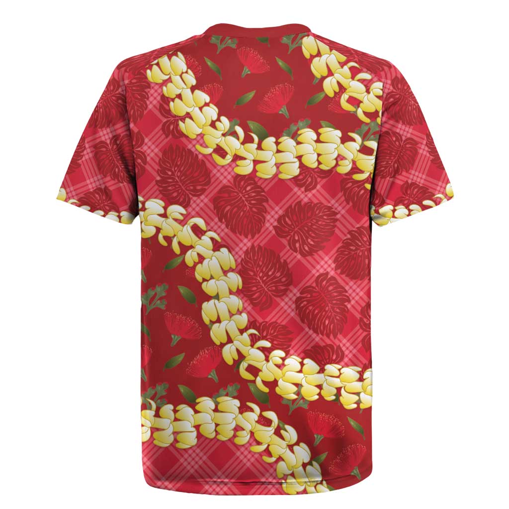 Red Palaka Hawaii Mele Kalikimaka Rugby Jersey Ohia Lehua Monstera Puakenikeni Lei LT14 - Polynesian Pride