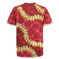 Red Palaka Hawaii Mele Kalikimaka Rugby Jersey Ohia Lehua Monstera Puakenikeni Lei LT14 - Polynesian Pride