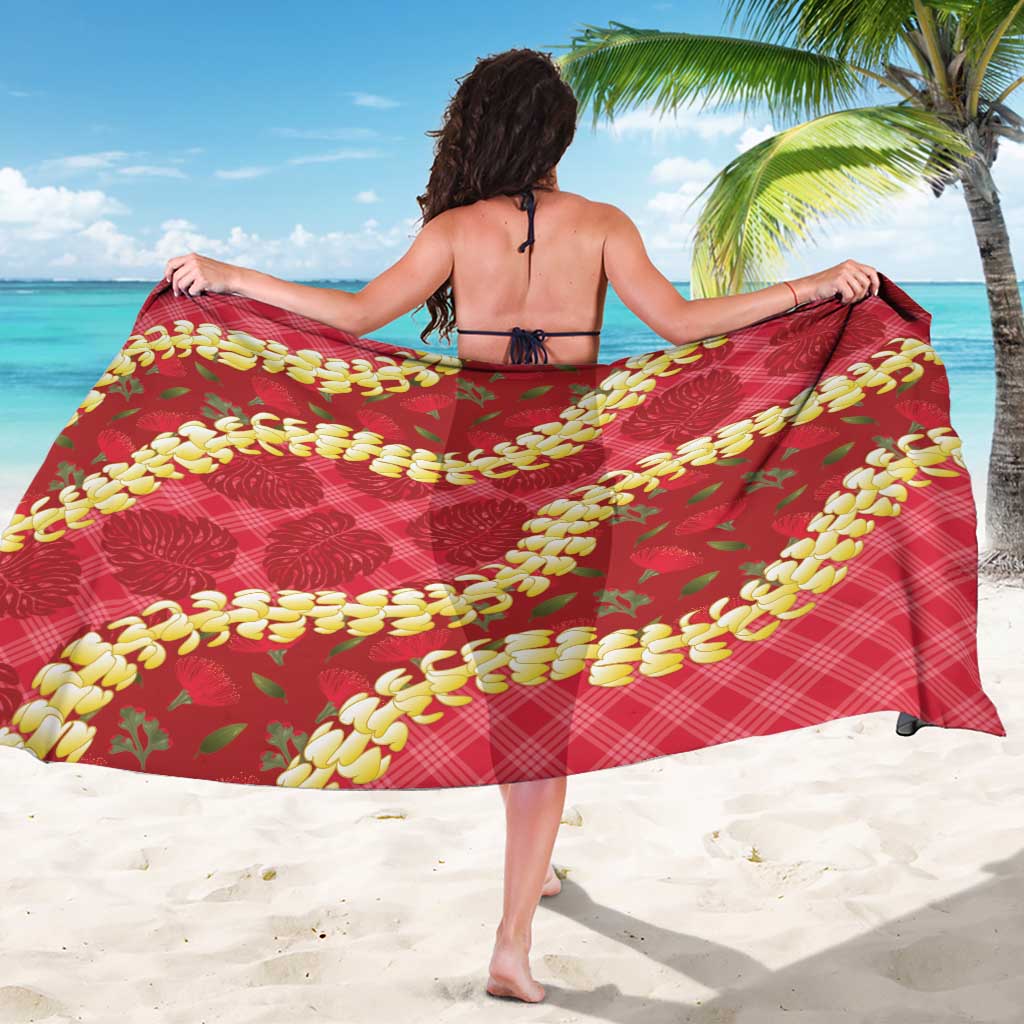 Red Palaka Hawaii Mele Kalikimaka Sarong Ohia Lehua Monstera Puakenikeni Lei LT14 - Polynesian Pride