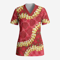 Red Palaka Hawaii Mele Kalikimaka Scrub Top Ohia Lehua Monstera Puakenikeni Lei LT14 Adult Red - Polynesian Pride