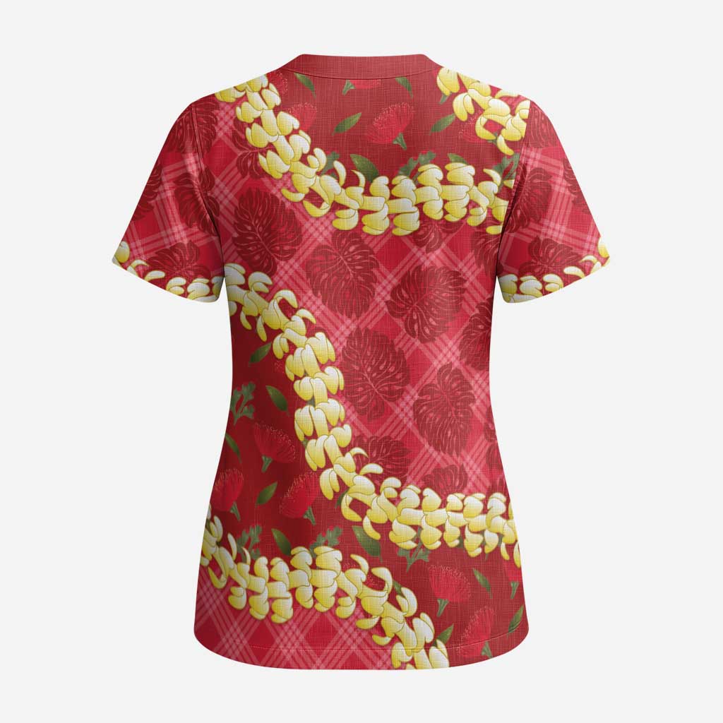 Red Palaka Hawaii Mele Kalikimaka Scrub Top Ohia Lehua Monstera Puakenikeni Lei LT14 - Polynesian Pride