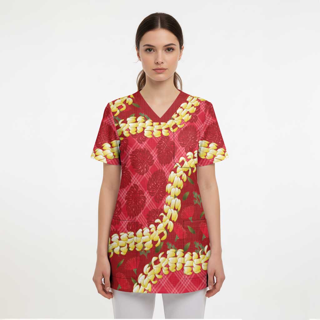 Red Palaka Hawaii Mele Kalikimaka Scrub Top Ohia Lehua Monstera Puakenikeni Lei LT14 - Polynesian Pride