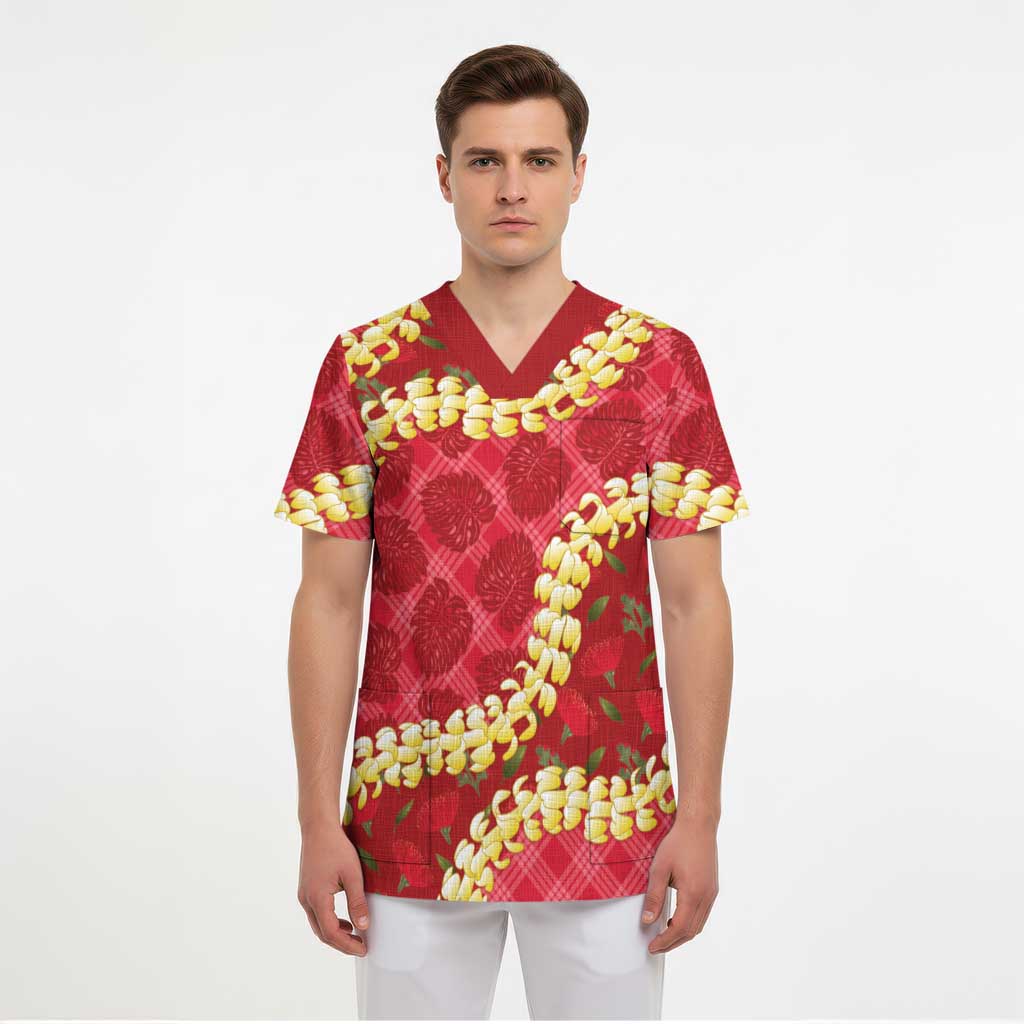 Red Palaka Hawaii Mele Kalikimaka Scrub Top Ohia Lehua Monstera Puakenikeni Lei LT14 - Polynesian Pride