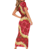 Red Palaka Hawaii Mele Kalikimaka Short Sleeve Bodycon Dress Ohia Lehua Monstera Puakenikeni Lei LT14 - Polynesian Pride