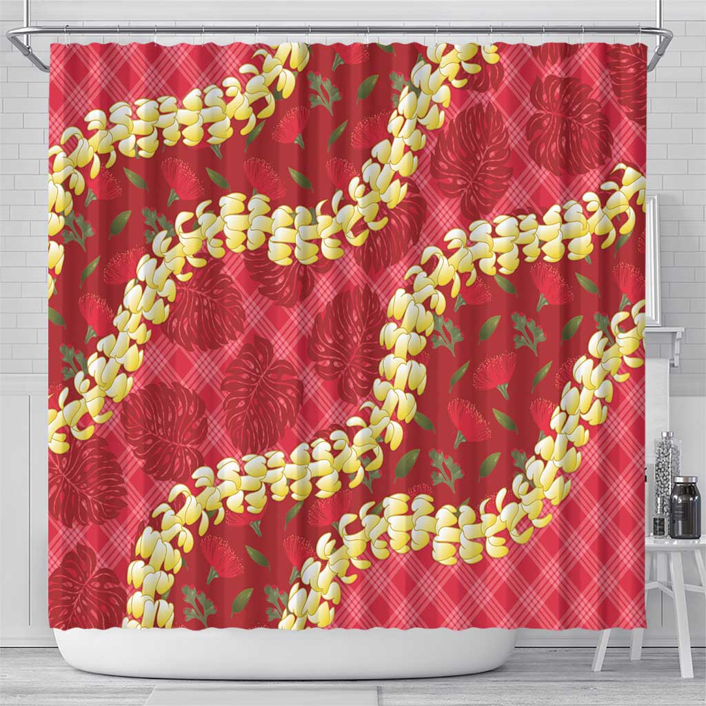Red Palaka Hawaii Mele Kalikimaka Shower Curtain Ohia Lehua Monstera Puakenikeni Lei LT14 - Polynesian Pride