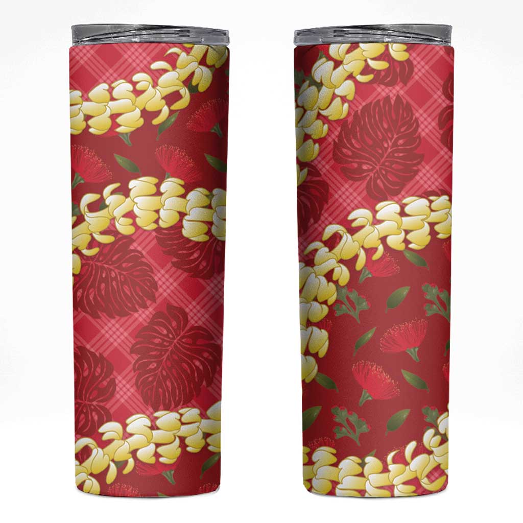 Red Palaka Hawaii Mele Kalikimaka Skinny Tumbler Ohia Lehua Monstera Puakenikeni Lei LT14 Red - Polynesian Pride