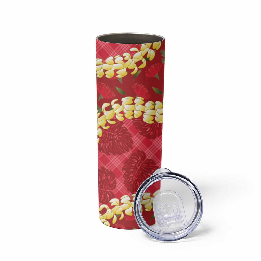 Red Palaka Hawaii Mele Kalikimaka Skinny Tumbler Ohia Lehua Monstera Puakenikeni Lei LT14 - Polynesian Pride