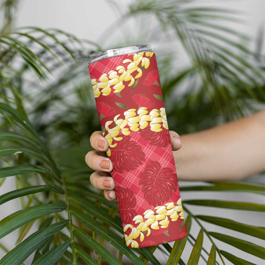 Red Palaka Hawaii Mele Kalikimaka Skinny Tumbler Ohia Lehua Monstera Puakenikeni Lei LT14 - Polynesian Pride