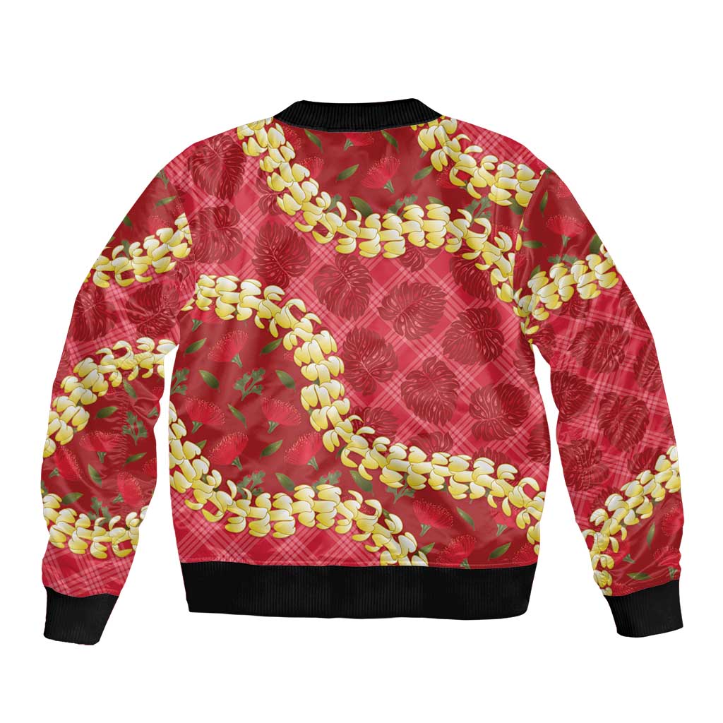 Red Palaka Hawaii Mele Kalikimaka Sleeve Zip Bomber Jacket Ohia Lehua Monstera Puakenikeni Lei LT14 - Polynesian Pride