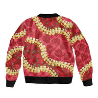 Red Palaka Hawaii Mele Kalikimaka Sleeve Zip Bomber Jacket Ohia Lehua Monstera Puakenikeni Lei LT14 - Polynesian Pride