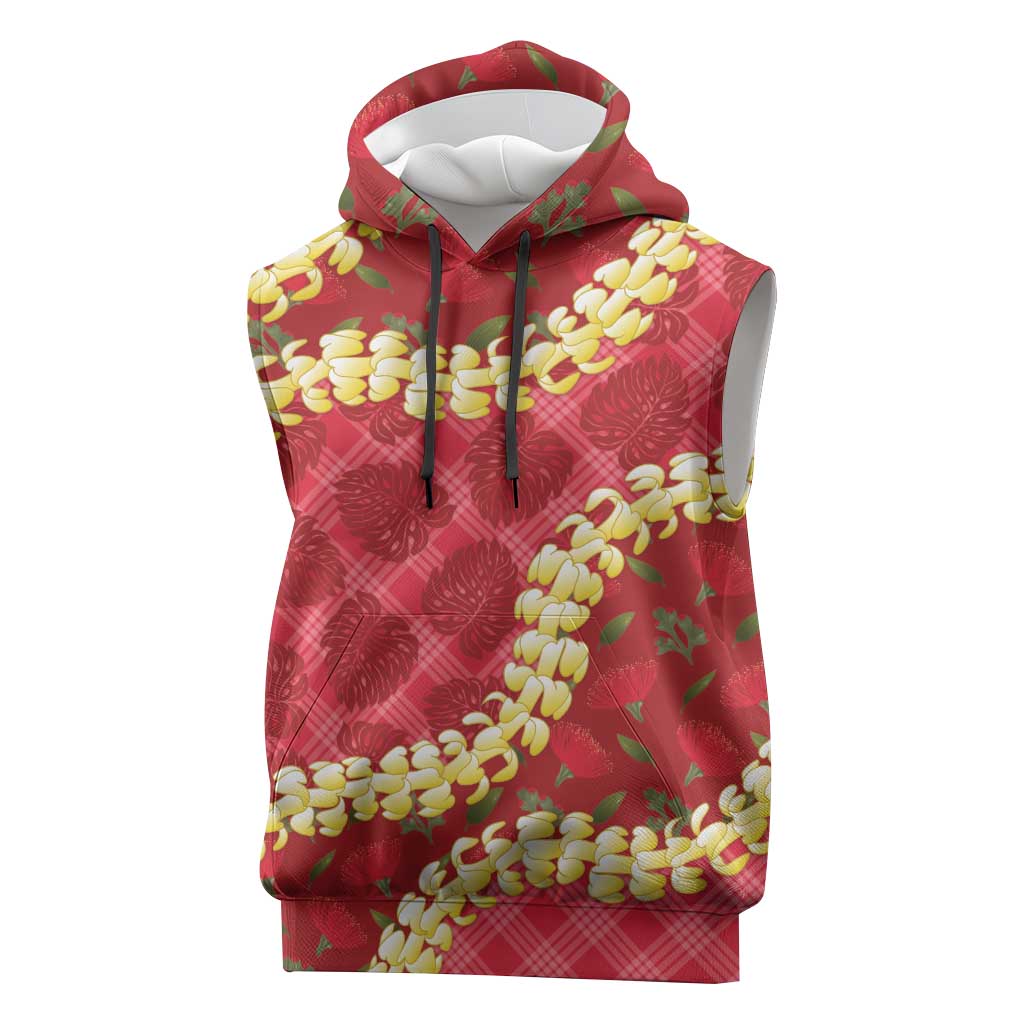 Red Palaka Hawaii Mele Kalikimaka Sleeveless Hoodie Ohia Lehua Monstera Puakenikeni Lei LT14 Red - Polynesian Pride