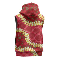 Red Palaka Hawaii Mele Kalikimaka Sleeveless Hoodie Ohia Lehua Monstera Puakenikeni Lei LT14 - Polynesian Pride