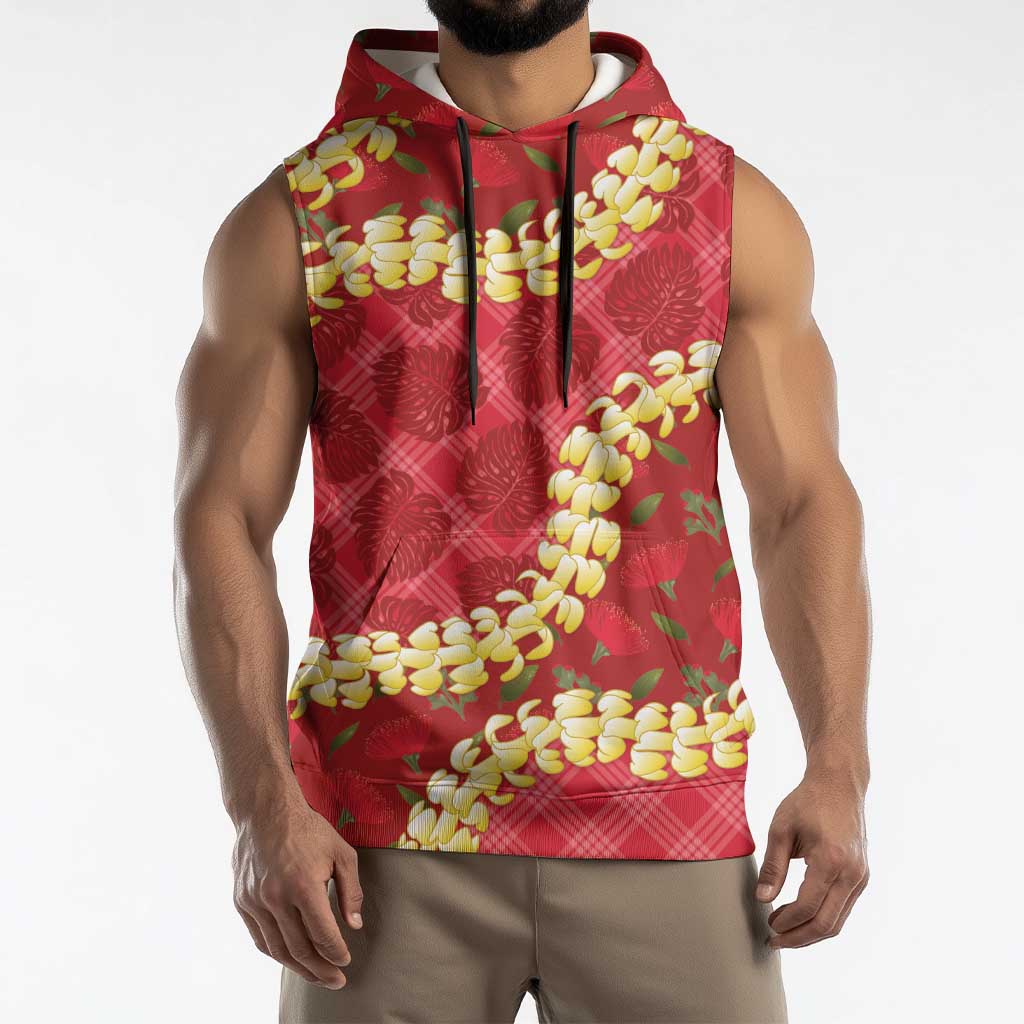 Red Palaka Hawaii Mele Kalikimaka Sleeveless Hoodie Ohia Lehua Monstera Puakenikeni Lei LT14 - Polynesian Pride