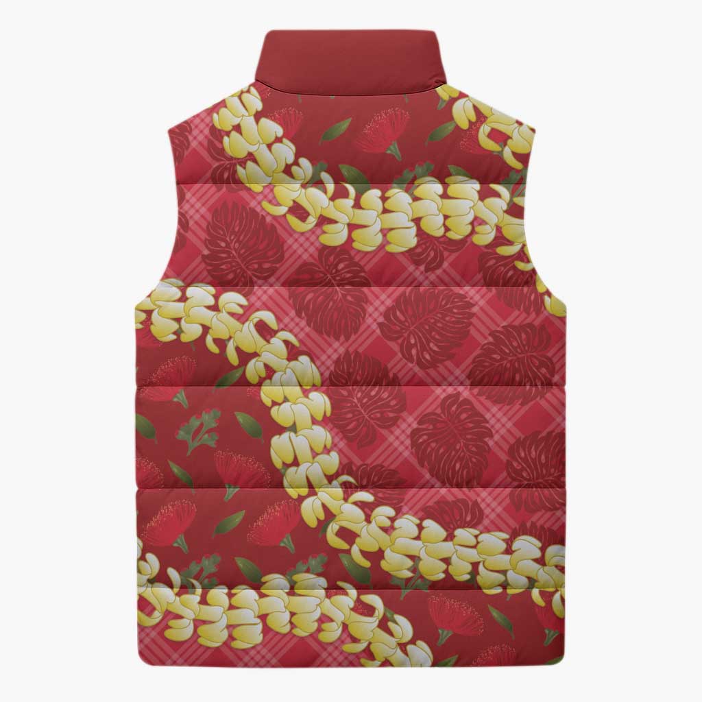 Red Palaka Hawaii Mele Kalikimaka Sleeveless Puffer Jacket Ohia Lehua Monstera Puakenikeni Lei LT14 - Polynesian Pride