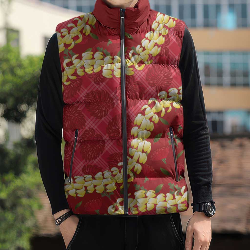 Red Palaka Hawaii Mele Kalikimaka Sleeveless Puffer Jacket Ohia Lehua Monstera Puakenikeni Lei LT14 - Polynesian Pride