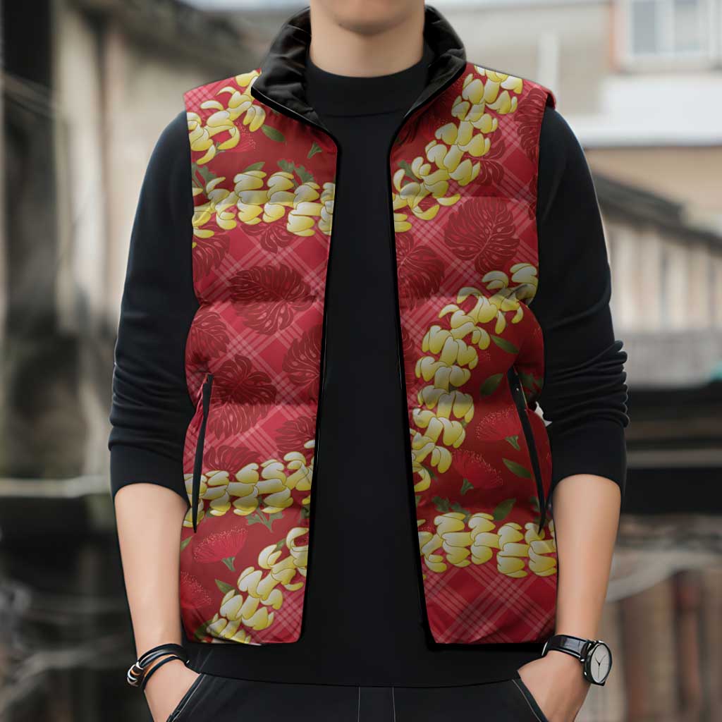 Red Palaka Hawaii Mele Kalikimaka Sleeveless Puffer Jacket Ohia Lehua Monstera Puakenikeni Lei LT14 - Polynesian Pride