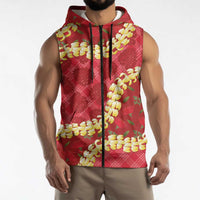 Red Palaka Hawaii Mele Kalikimaka Sleeveless Zip Hoodie Ohia Lehua Monstera Puakenikeni Lei LT14 - Polynesian Pride