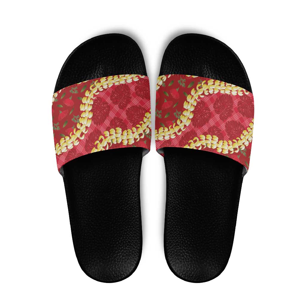 Red Palaka Hawaii Mele Kalikimaka Slide Sandals Ohia Lehua Monstera Puakenikeni Lei LT14 Red - Polynesian Pride