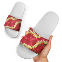 Red Palaka Hawaii Mele Kalikimaka Slide Sandals Ohia Lehua Monstera Puakenikeni Lei LT14 - Polynesian Pride