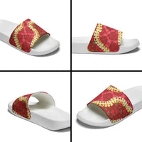Red Palaka Hawaii Mele Kalikimaka Slide Sandals Ohia Lehua Monstera Puakenikeni Lei LT14 - Polynesian Pride