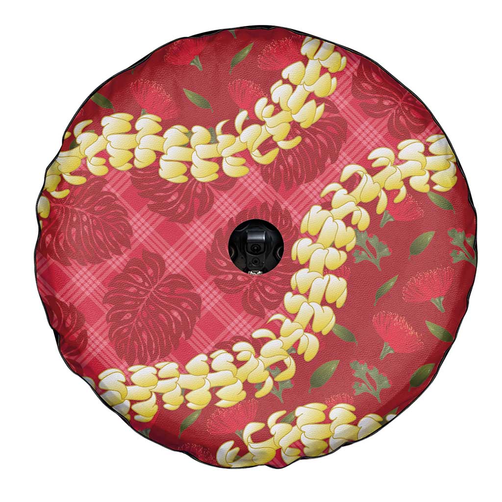 Red Palaka Hawaii Mele Kalikimaka Spare Tire Cover Ohia Lehua Monstera Puakenikeni Lei LT14 - Polynesian Pride