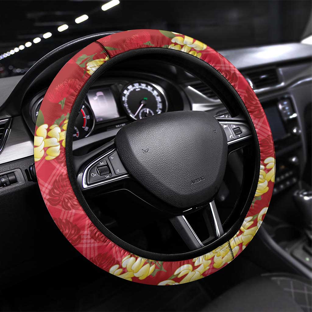 Red Palaka Hawaii Mele Kalikimaka Steering Wheel Cover Ohia Lehua Monstera Puakenikeni Lei LT14 Universal Fit Red - Polynesian Pride