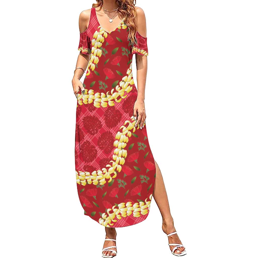 Red Palaka Hawaii Mele Kalikimaka Summer Maxi Dress Ohia Lehua Monstera Puakenikeni Lei LT14 Women Red - Polynesian Pride