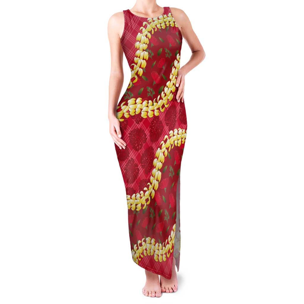 Red Palaka Hawaii Mele Kalikimaka Tank Maxi Dress Ohia Lehua Monstera Puakenikeni Lei LT14 Women Red - Polynesian Pride